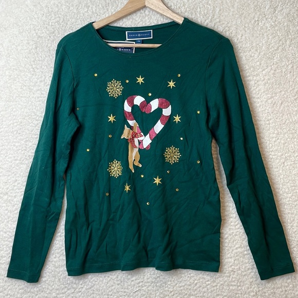 NWT Karen Scott Womens Spruce Night Holiday Kitty Candy Cane Top PETITE MEDIUM - Picture 4 of 10